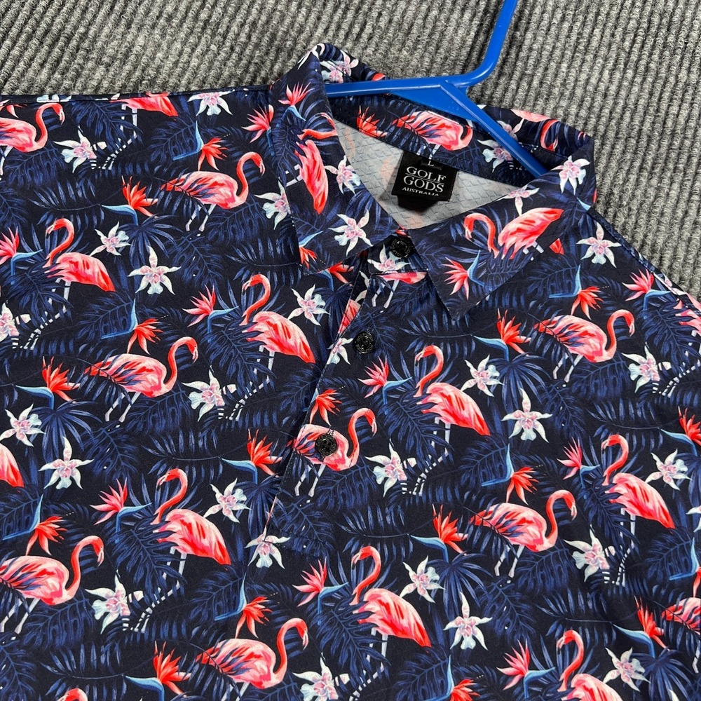 Golf Gods Polo Shirt Mens Large Flamingo Geometric Short Sleeve‎ Casual Outdoor